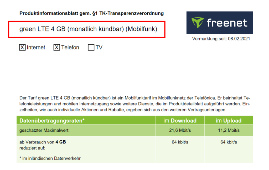 Talkline Flat sind Freenet green LTE Flat